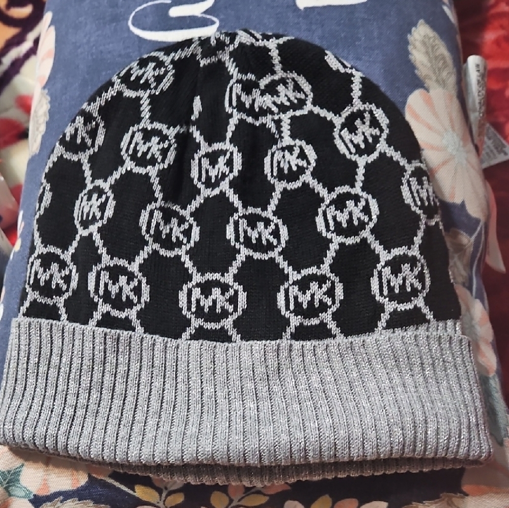 Michael Kors Black and Gray Logo Beanie
